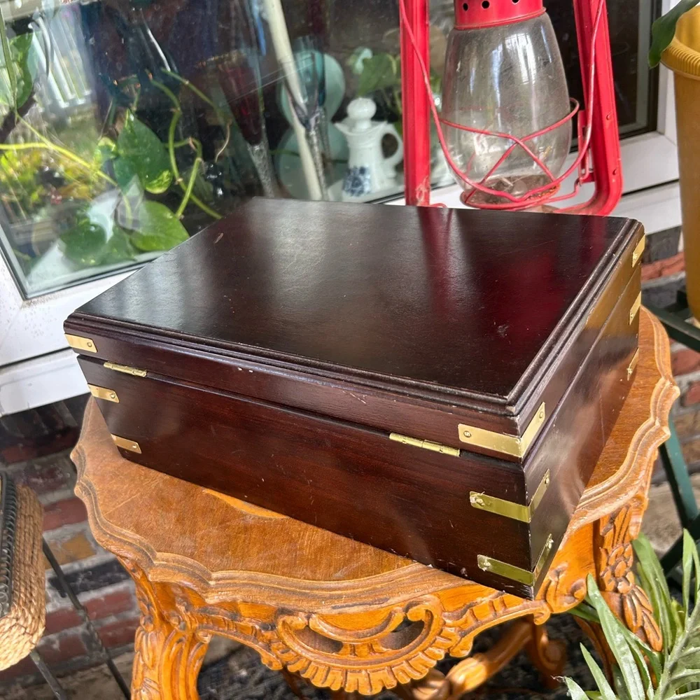 Vintage Wooden Jewelry Box with Brass Accents